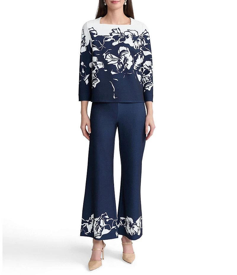 Ming Wang Floral Print Deco Crepe Square Neck Bracelet Sleeve Blouse