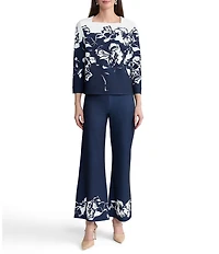 Ming Wang Floral Print Deco Crepe Square Neck Bracelet Sleeve Blouse