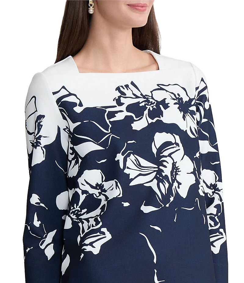 Ming Wang Floral Print Deco Crepe Square Neck Bracelet Sleeve Blouse