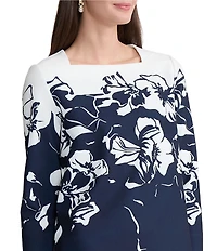 Ming Wang Floral Print Deco Crepe Square Neck Bracelet Sleeve Blouse