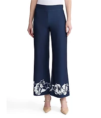 Ming Wang Floral Print Stretch Deco Crepe Flat Front Wide Leg Pants