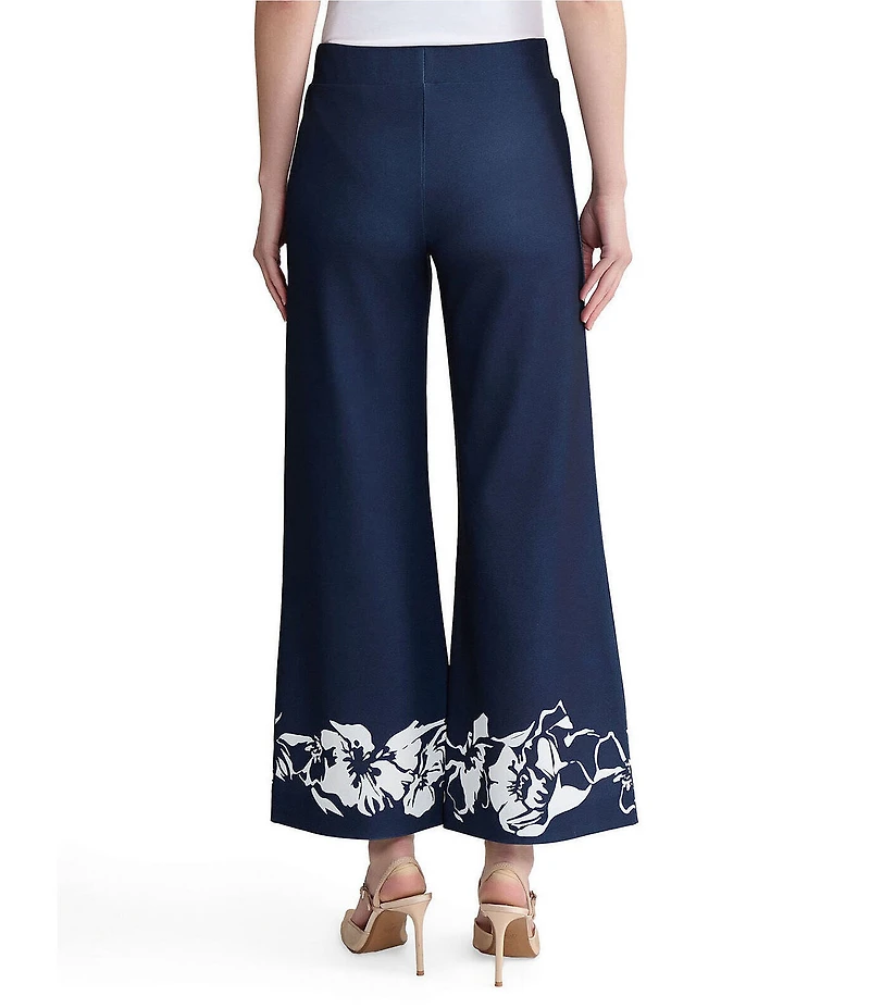 Ming Wang Floral Print Stretch Deco Crepe Flat Front Wide Leg Pants