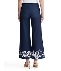 Ming Wang Floral Print Stretch Deco Crepe Flat Front Wide Leg Pants
