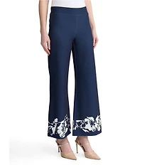 Ming Wang Floral Print Stretch Deco Crepe Flat Front Wide Leg Pants