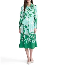 Ming Wang Floral Printed Crepe De Chine Point Collar Long Sleeve Button Front Dress