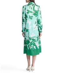 Ming Wang Floral Printed Crepe De Chine Point Collar Long Sleeve Button Front Dress