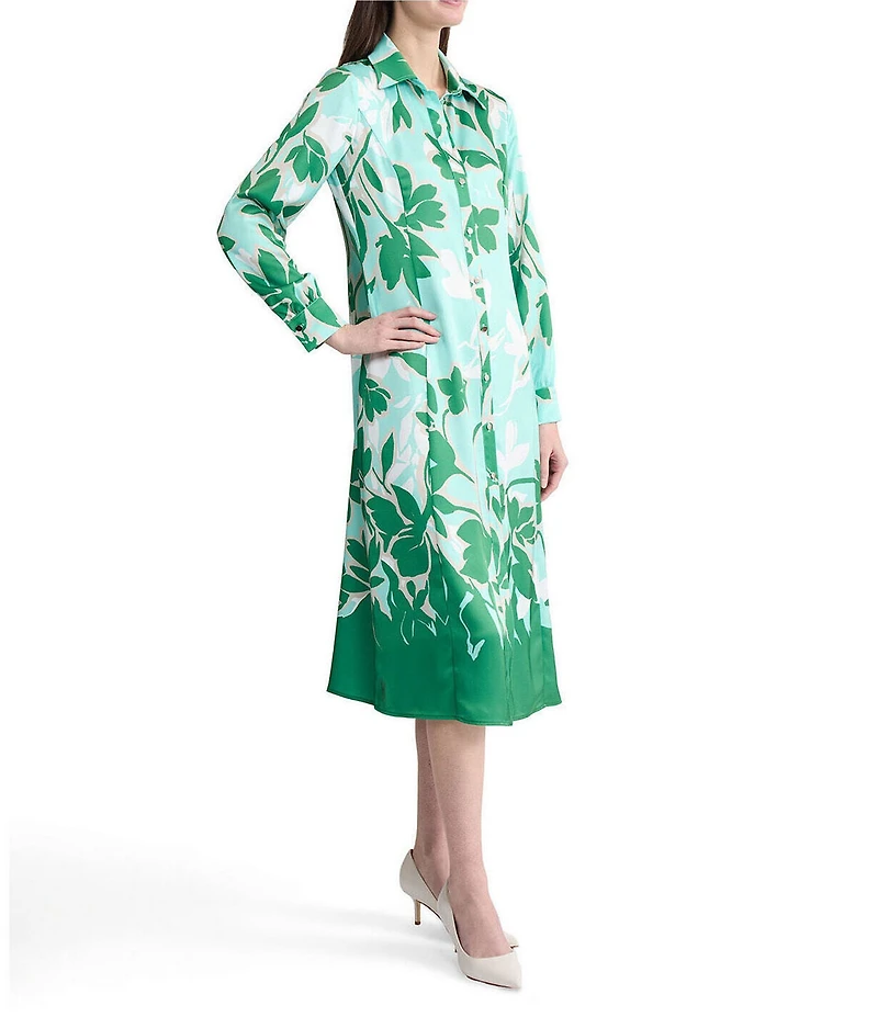 Ming Wang Floral Printed Crepe De Chine Point Collar Long Sleeve Button Front Dress