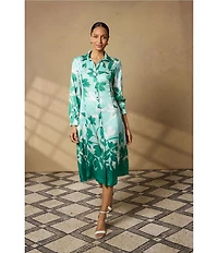 Ming Wang Floral Printed Crepe De Chine Point Collar Long Sleeve Button Front Dress