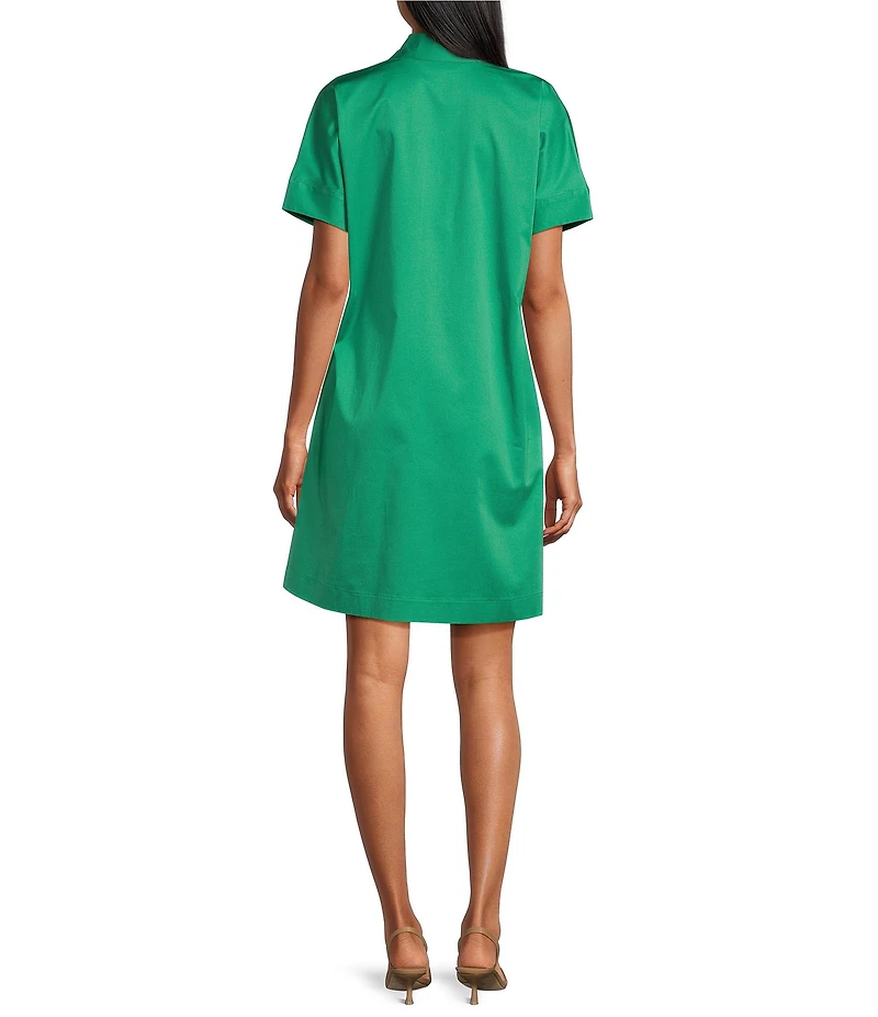 Ming Wang Floral Printed Stretch Cotton V-Neck Short Sleeve A-Line Dress
