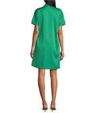 Ming Wang Floral Printed Stretch Cotton V-Neck Short Sleeve A-Line Dress