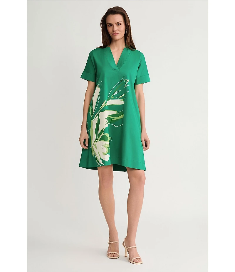 Ming Wang Floral Printed Stretch Cotton V-Neck Short Sleeve A-Line Dress