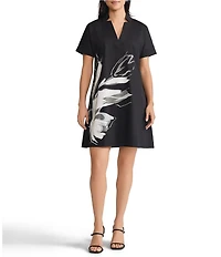 Ming Wang Floral Printed Stretch Cotton V-Neck Short Sleeve A-Line Dress