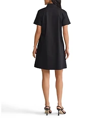 Ming Wang Floral Printed Stretch Cotton V-Neck Short Sleeve A-Line Dress