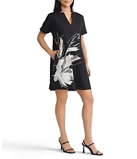 Ming Wang Floral Printed Stretch Cotton V-Neck Short Sleeve A-Line Dress