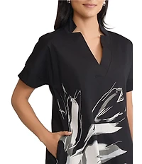 Ming Wang Floral Printed Stretch Cotton V-Neck Short Sleeve A-Line Dress