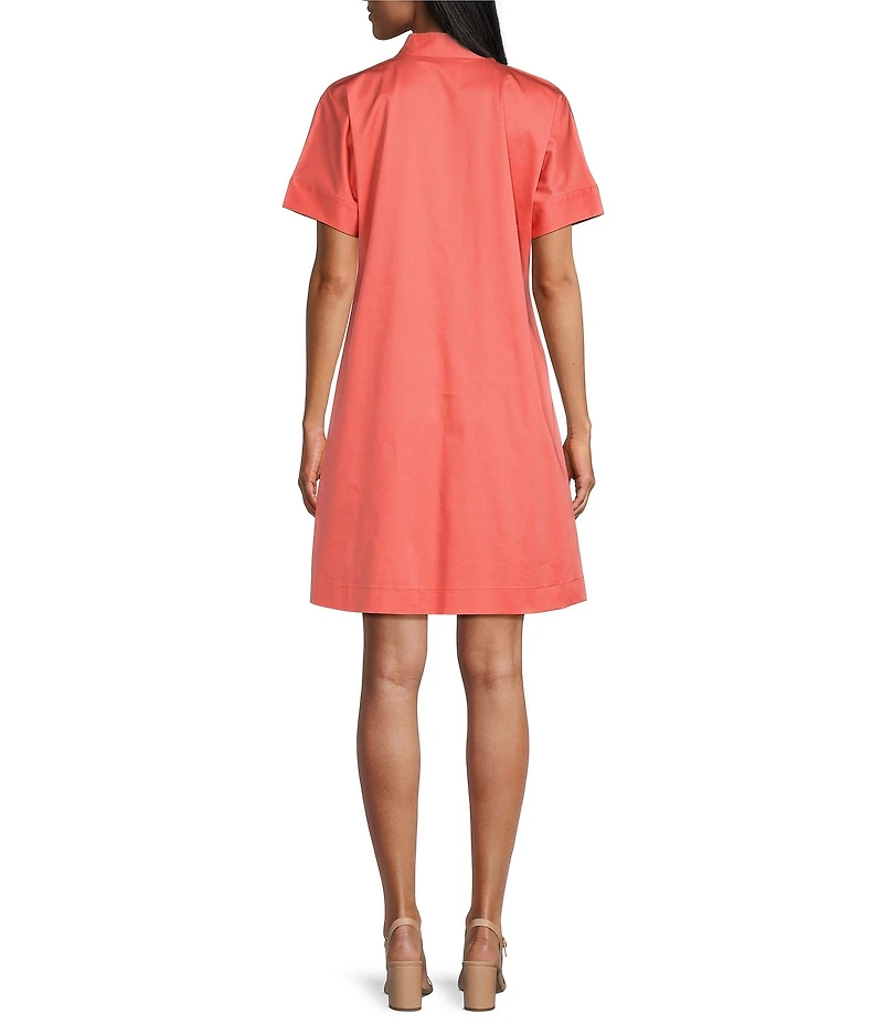 Ming Wang Floral Printed Stretch Cotton V-Neck Short Sleeve A-Line Dress