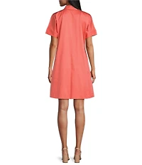 Ming Wang Floral Printed Stretch Cotton V-Neck Short Sleeve A-Line Dress