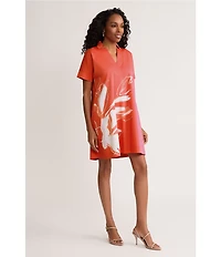 Ming Wang Floral Printed Stretch Cotton V-Neck Short Sleeve A-Line Dress