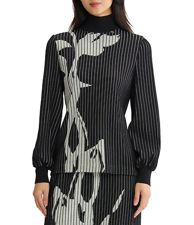 Ming Wang Floral Soft Ribbed Knit Mock Neck Long Balloon Sleeve Coordinating Top