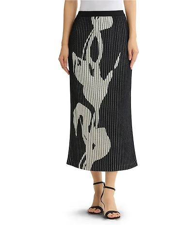 Ming Wang Floral Soft Ribbed Knit No-Roll Elastic Waist Pull-On Coordinating Skirt
