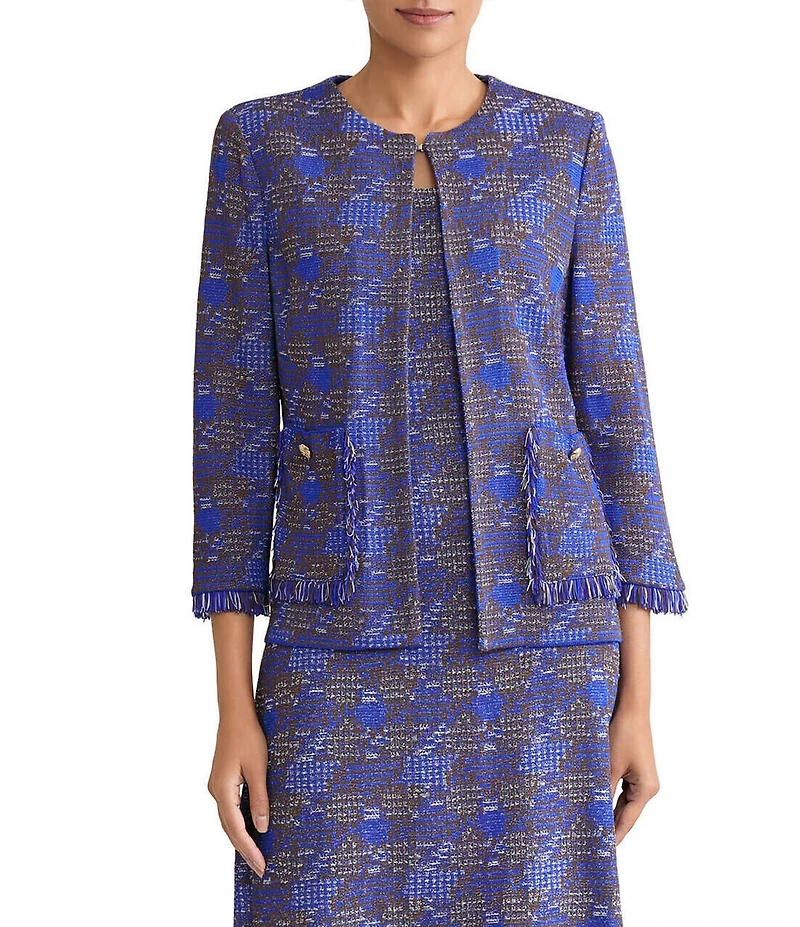 Ming Wang Fringe Tweed Knit Round Neck Bracelet Sleeve Jacket