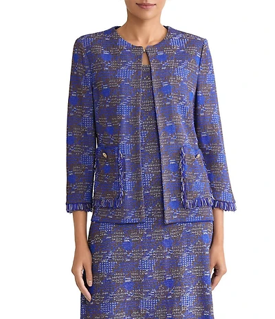 Ming Wang Fringe Tweed Knit Round Neck Bracelet Sleeve Jacket