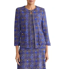 Ming Wang Fringe Tweed Knit Round Neck Bracelet Sleeve Jacket