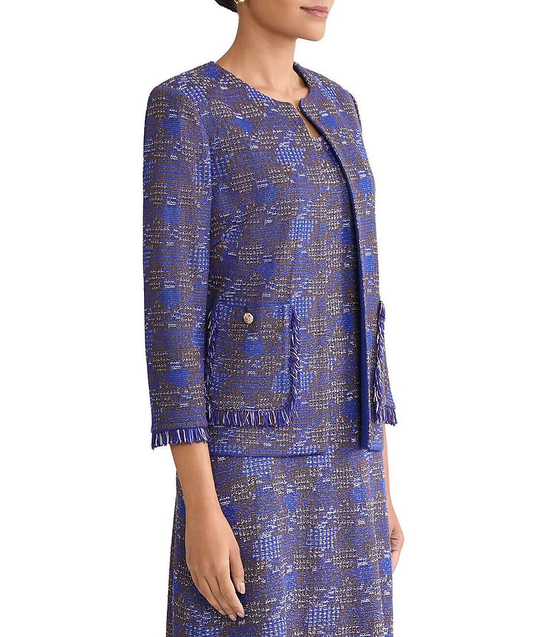 Ming Wang Fringe Tweed Knit Round Neck Bracelet Sleeve Jacket