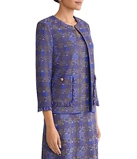 Ming Wang Fringe Tweed Knit Round Neck Bracelet Sleeve Jacket