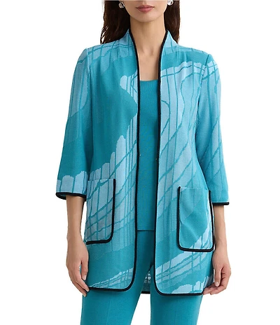 Ming Wang Geo Jacquard Knit Modified Mandarin Collar 3/4 Sleeve Jacket