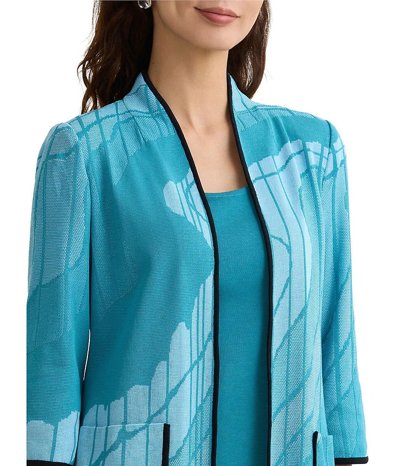 Ming Wang Geo Jacquard Knit Modified Mandarin Collar 3/4 Sleeve Jacket