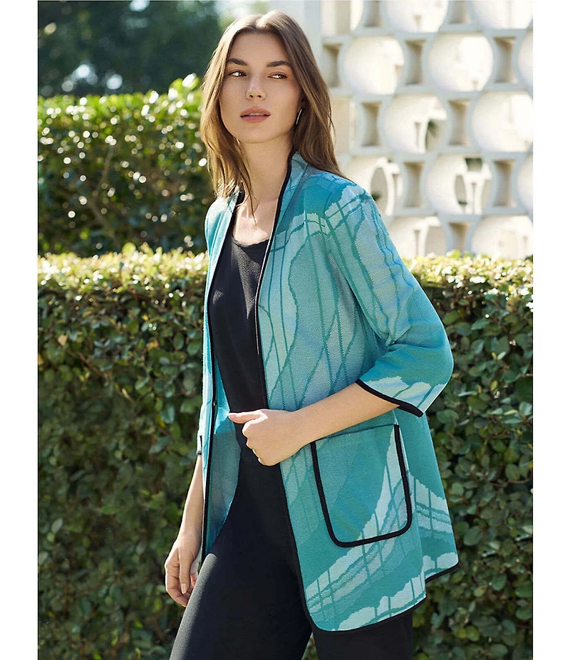 Ming Wang Geo Jacquard Knit Modified Mandarin Collar 3/4 Sleeve Jacket