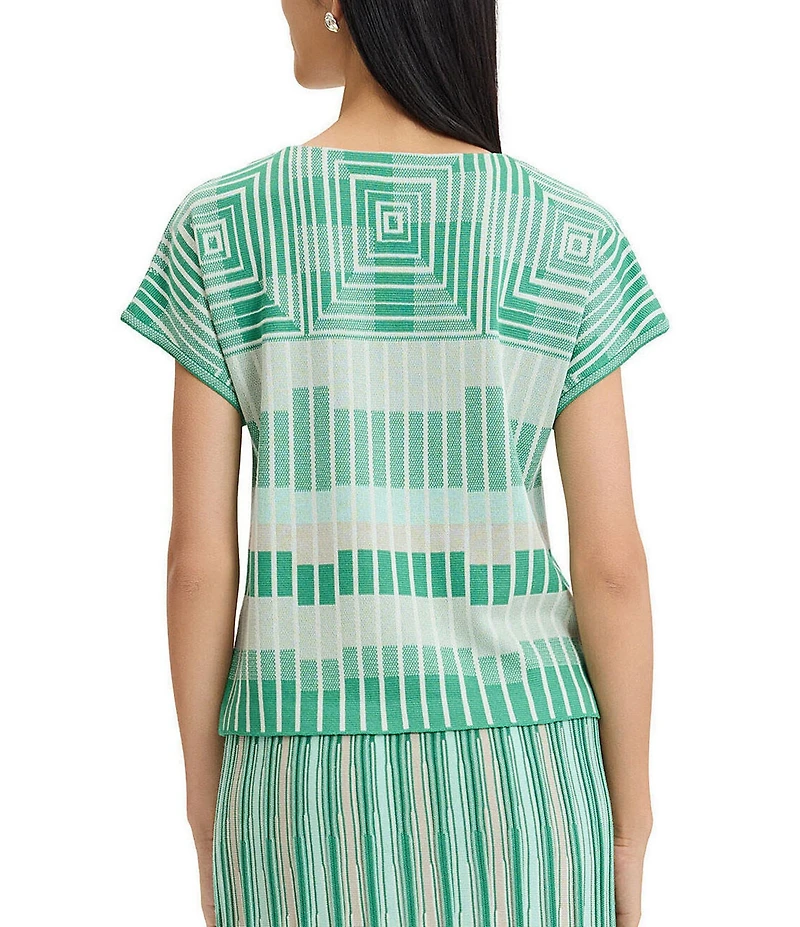 Ming Wang Geometric Jacqaurd Soft Knit Boat Neck Short Sleeve Top