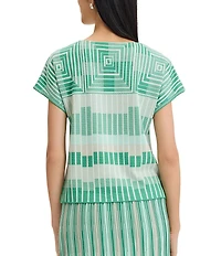 Ming Wang Geometric Jacqaurd Soft Knit Boat Neck Short Sleeve Top