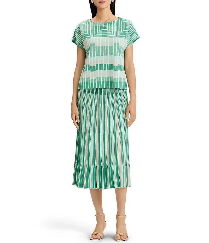 Ming Wang Geometric Jacqaurd Soft Knit Boat Neck Short Sleeve Top