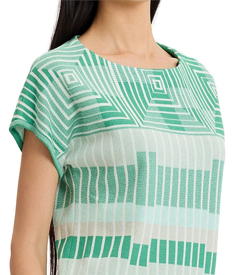 Ming Wang Geometric Jacqaurd Soft Knit Boat Neck Short Sleeve Top