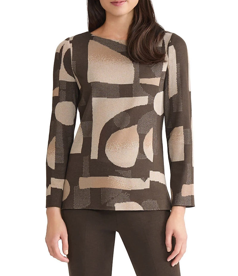Ming Wang Geometric Jacquard Soft Knit Boat Neck Bracelet Sleeve Tunic