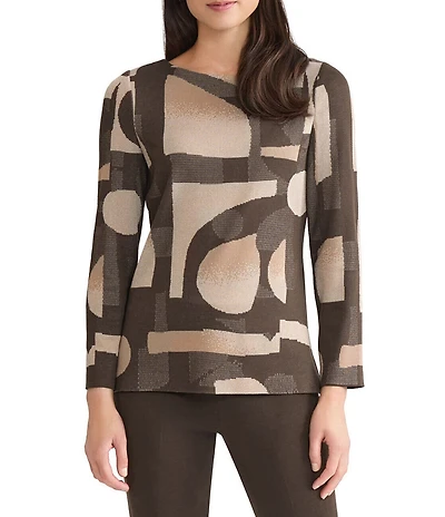 Ming Wang Geometric Jacquard Soft Knit Boat Neck Bracelet Sleeve Tunic