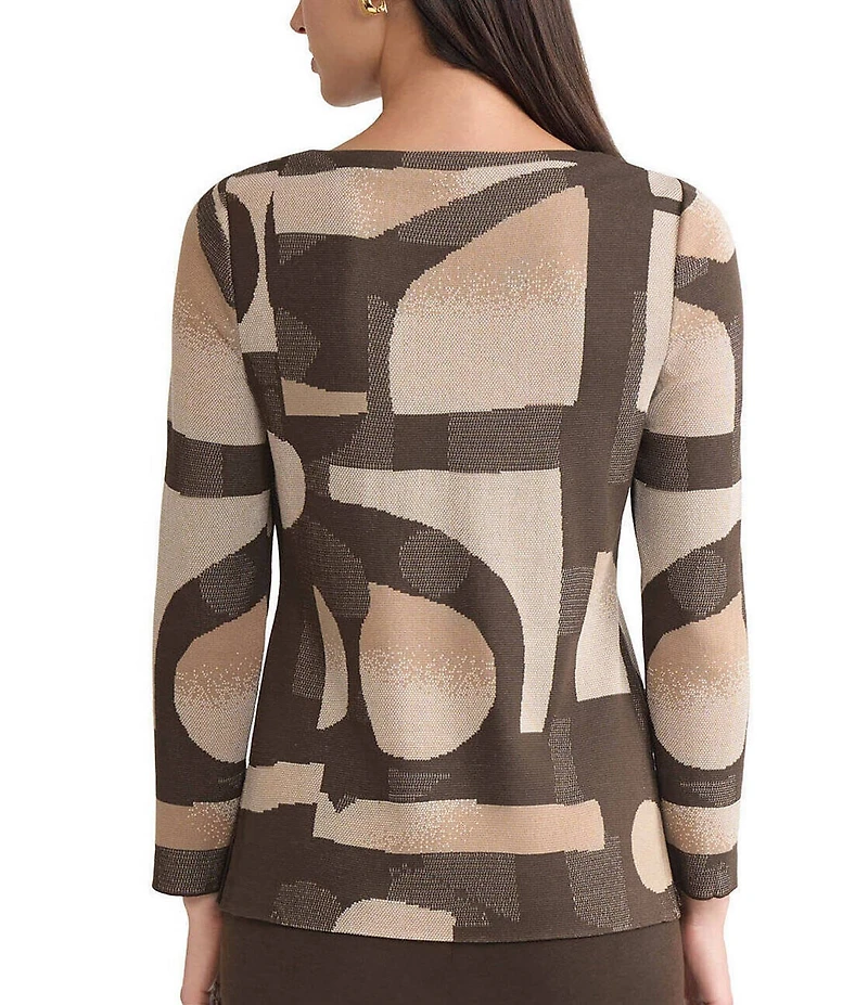 Ming Wang Geometric Jacquard Soft Knit Boat Neck Bracelet Sleeve Tunic