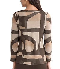 Ming Wang Geometric Jacquard Soft Knit Boat Neck Bracelet Sleeve Tunic