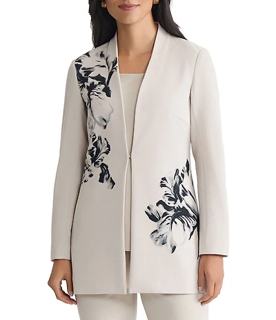 Ming Wang Heritage Floral Print Stretch Crepe V-Neck Long Sleeve Jacket