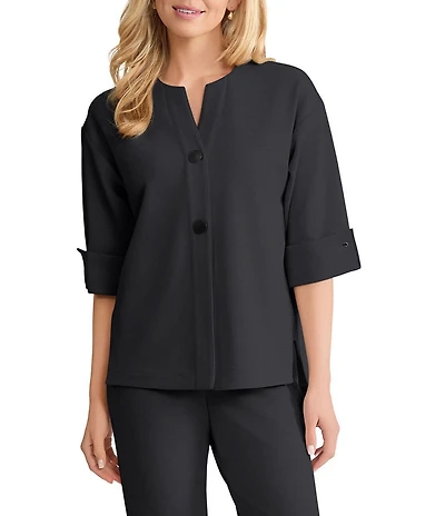 Ming Wang Heritage Tonal Stretch Crepe V-Neck 3/4 Cuffed Sleeve Jacket