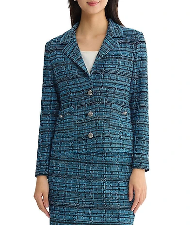 Ming Wang Heritage Tweed Knit Plaid Notch Lapel Long Sleeve Coordinating Jacket