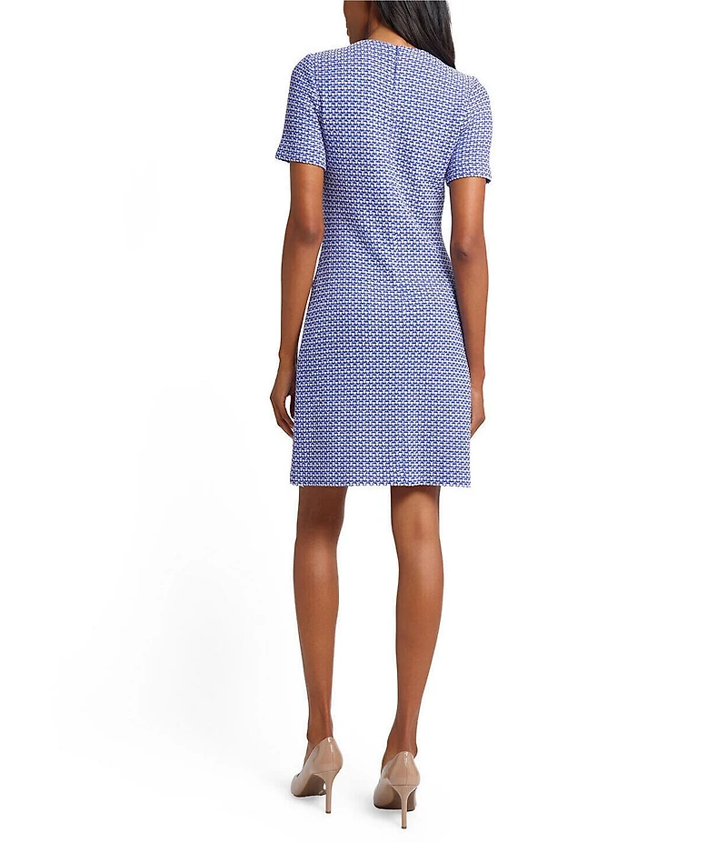 Ming Wang Honeycomb Tweed Knit Crew Neck Short Sleeve Sheath Dress