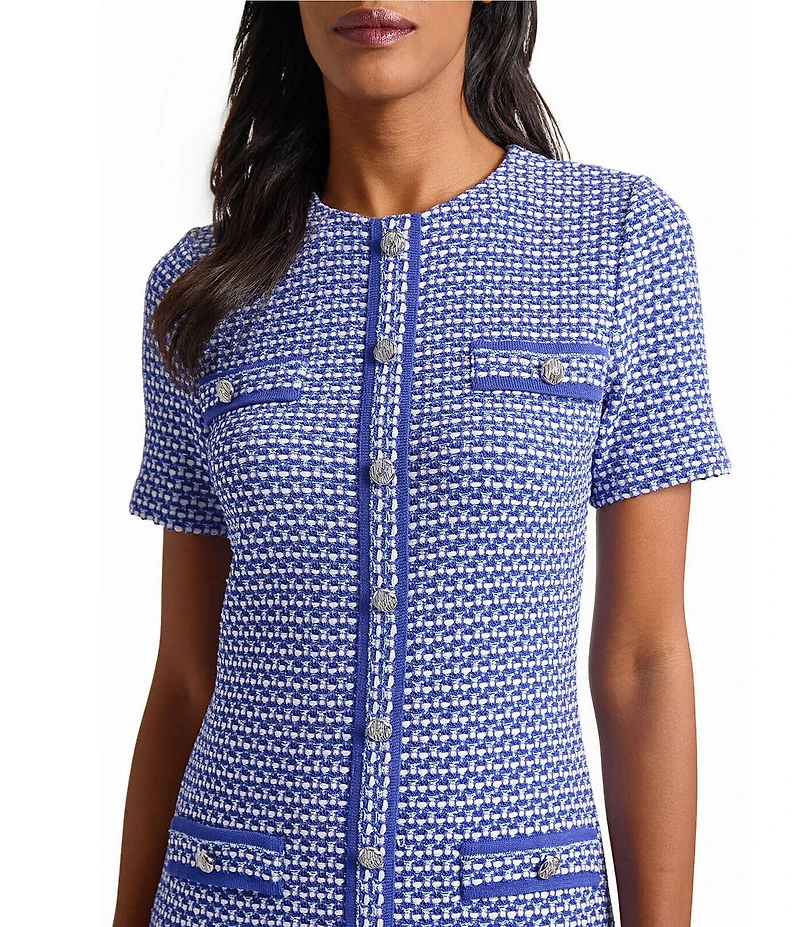Ming Wang Honeycomb Tweed Knit Crew Neck Short Sleeve Sheath Dress