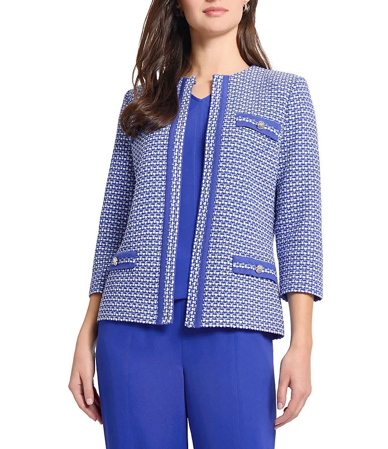 Ming Wang Honeycomb Tweed Knit Round Neck 3/4 Sleeve Jacket