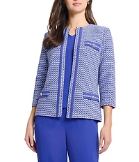 Ming Wang Honeycomb Tweed Knit Round Neck 3/4 Sleeve Jacket