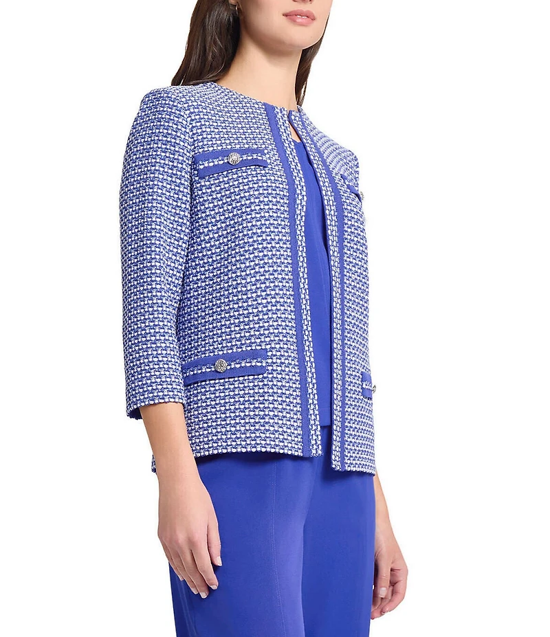 Ming Wang Honeycomb Tweed Knit Round Neck 3/4 Sleeve Jacket