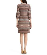 Ming Wang Horizontal Multi-Stitch Knit Round Neck 3/4 Sleeve Button-Front Sheath Dress