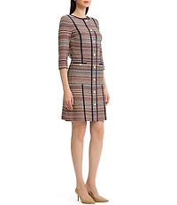 Ming Wang Horizontal Multi-Stitch Knit Round Neck 3/4 Sleeve Button-Front Sheath Dress